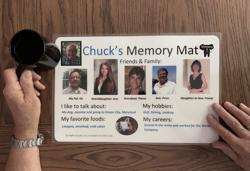 Chuck's Memory Mat — a page with photos of family and friends, favorite foods, hobbies, and topics he loves to talk about