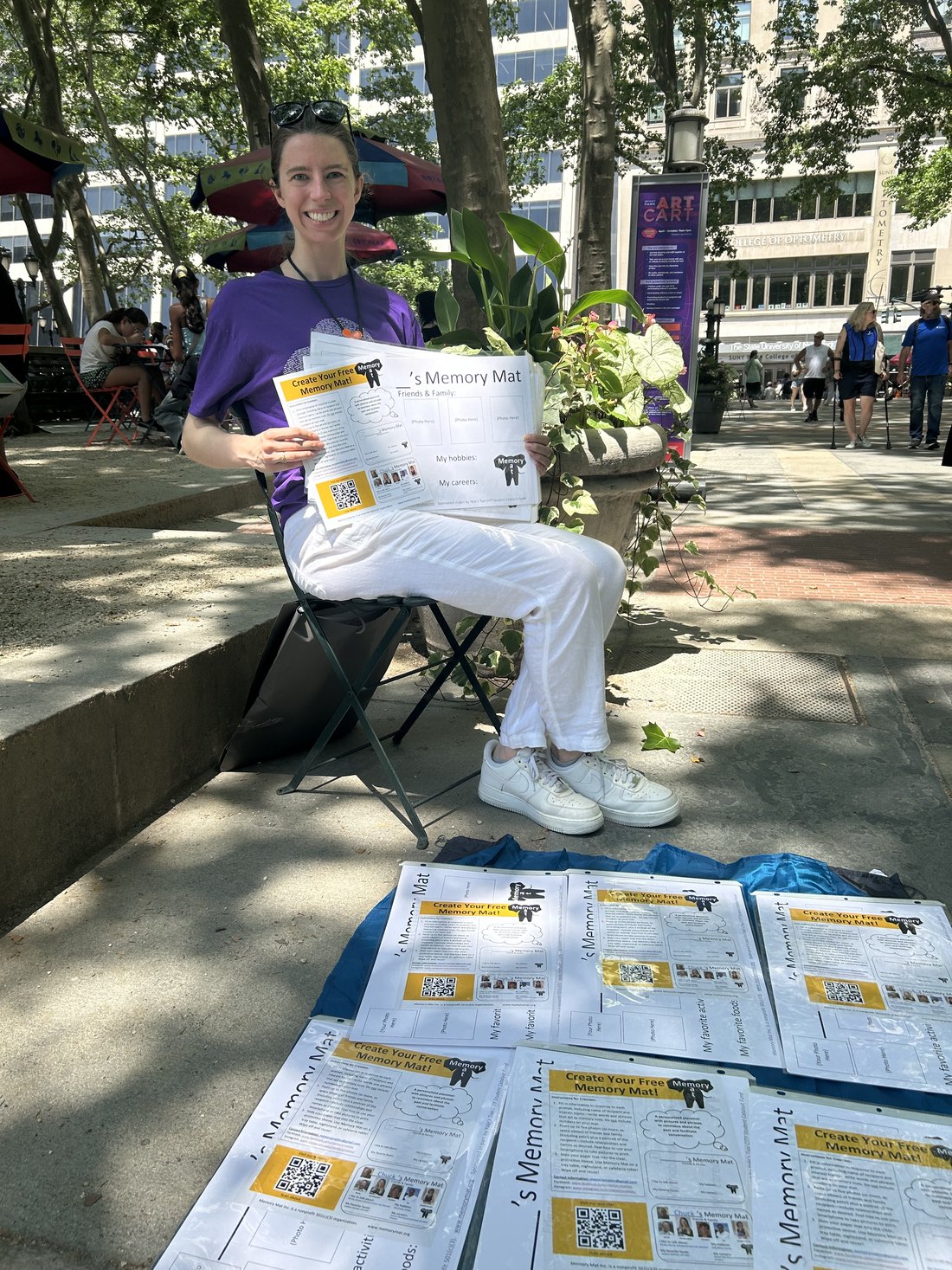 Memory Mats laid out at a distribution table in Bryant Park