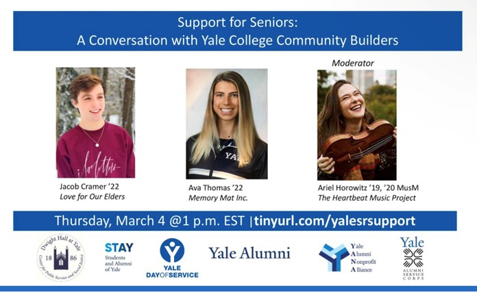 Support for Seniors: A Conversation with Yale College Community Builders webinar flyer featuring Jacob Cramer, Ava Thomas, and Ariel Horowitz